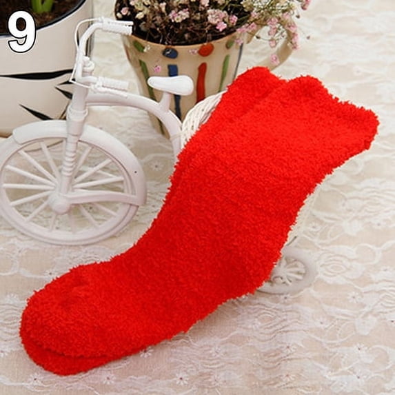 Grofry Women Ankle Socks,Girl Winter Warm Thicken Coral Fleece Fluffy Solid Sleep Bed Sock Red