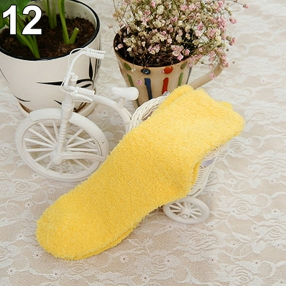 Grofry Women Ankle Socks,Girl Winter Warm Thicken Coral Fleece Fluffy Solid Sleep Bed Sock Yellow