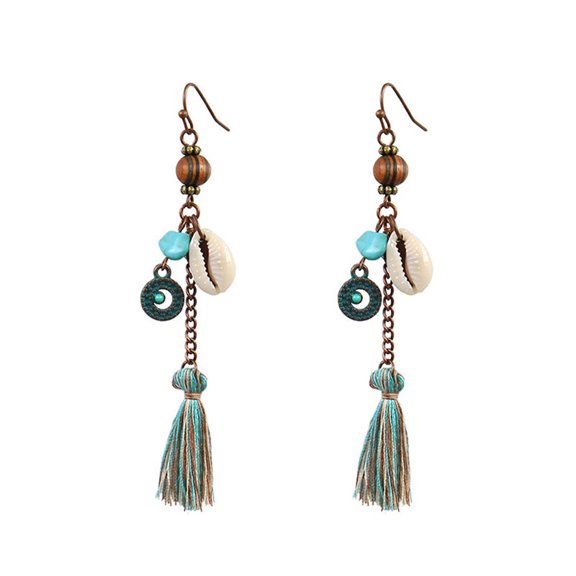 Grofry Women Earring,Bohemia Faux Turquoise Shell Tassel Long Dangle Hook Earrings Jewelry Gift Blue