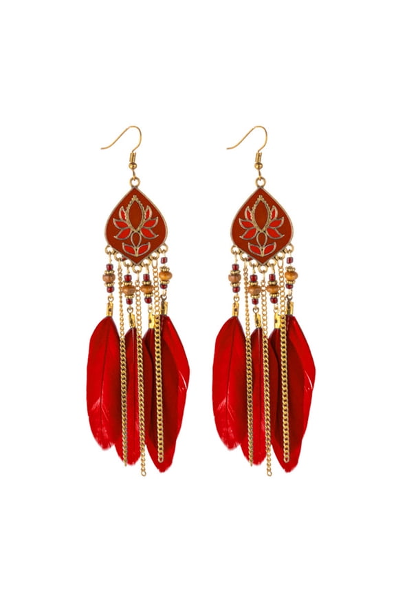 Women Earring,Boho Rhombus Beaded Feather Tassel Long Dangle Earrings Party Jewelry Red