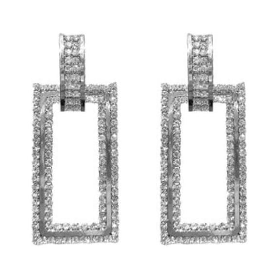 Grofry Women Earring,Rhinestone Inlaid Hollow Rectangle Dangle Ear Stud Jewelry Gift Silver