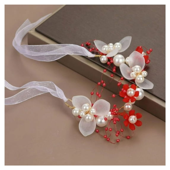 Grofry Women Flower Hairband Adjustable Faux Pearl Fairy Girls Flower Children Wreath Photo Prop Bridal Wedding Headband Flower Crown Hair Accessories