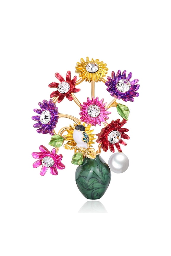 Women Flower Vase Rhinestone Inlaid Brooch Pin Corsage Lapel Jewelry