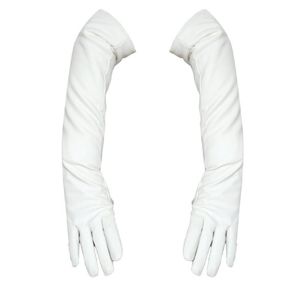 Grofry Women Gloves,Lady Solid Faux Leather Full Finger Long Arm Gloves Stage Mittens White L