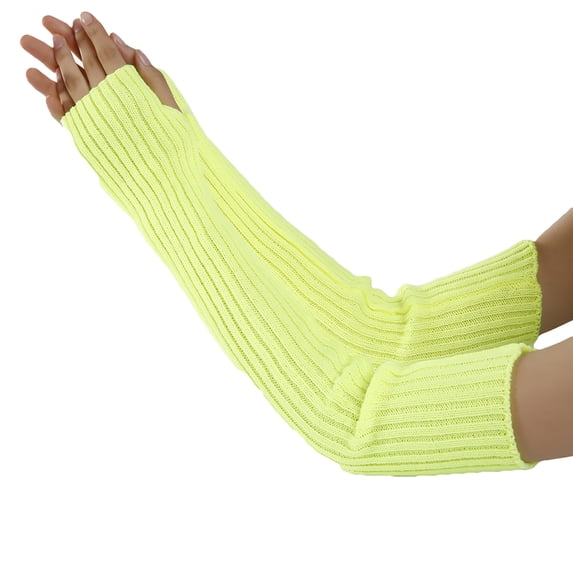 Grofry Women Gloves,Stretchy Long Sleeve Fingerless Gloves Warm Knitted Mittens Arm Warmers Fluorescent Yellow