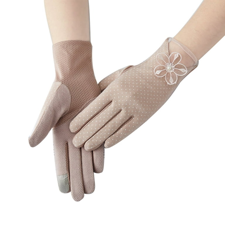 Grofry Women Gloves Summer Anti UV Thin Lace Elastic Full Finger Touch Screen Cycling Gloves Small Flower Skin Color