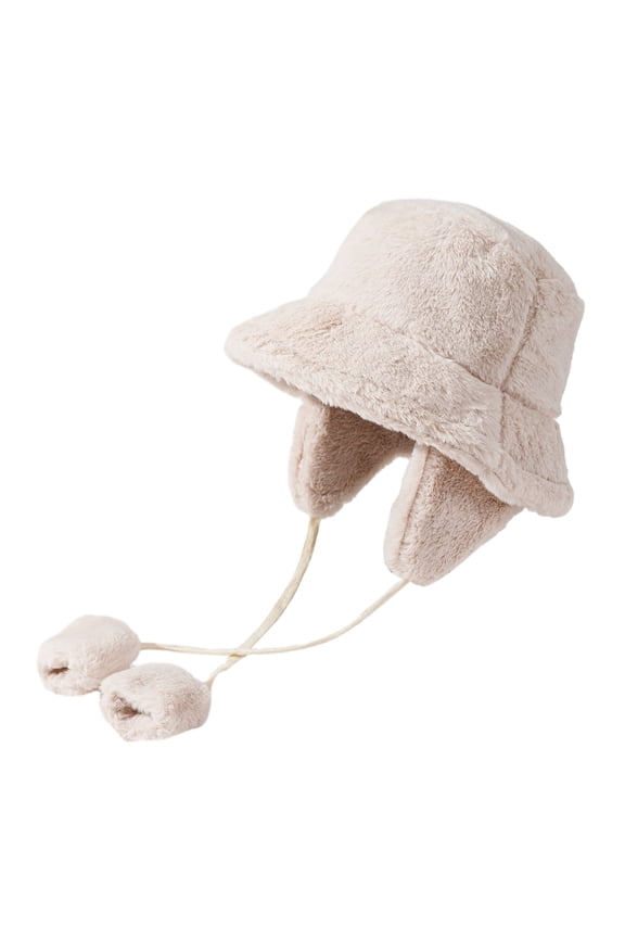 Women Hat Falt Top Wide Brim Ear Thick Plush Strap Decor Detachable Earflap Windproof Soft Outdoor Bucket Cap