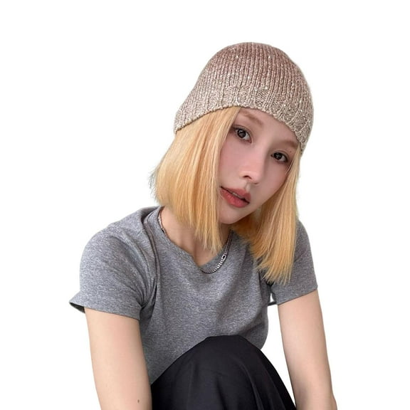 Grofry Women Hat Sequin Decor Dome Hip Hop Style Elastic Large Head Circumference Anti-slip Club Party Cap Outdoor Street Work Cycling Beanie