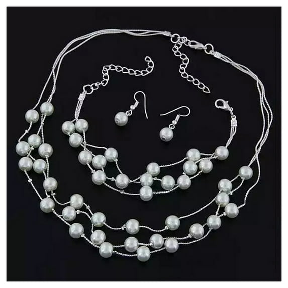 Grofry Women Jewelry Set Necklace Bracelet Earrings Faux Pearl Decor Multi Layers Necklace Adjustable Stainless Lightweight Sweater Chain Lady Ear Neck Decoration Jewelry