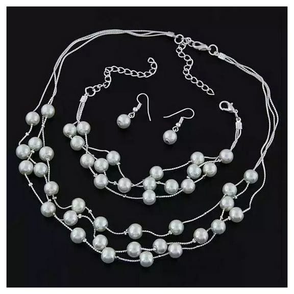 Grofry Women Jewelry Set Necklace Bracelet Earrings Faux Pearl Decor Multi Layers Necklace Adjustable Stainless Lightweight Sweater Chain Lady Ear Neck Decoration Jewelry