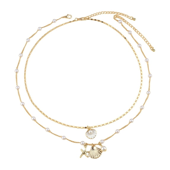 Grofry Women Necklace Double-layered Shell Starfish Charm Faux Pearl Decor Adjustable Length Ocean Theme Clavicle Ncklace Prom Party Cosplay Neck Jewelry