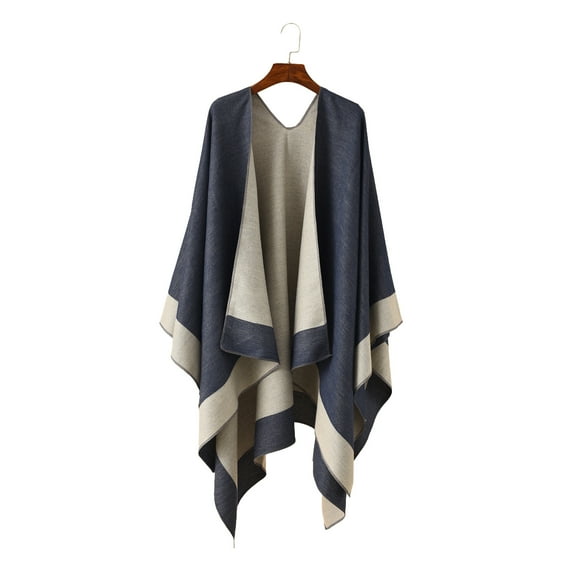 Grofry Women Warm Shawl Wrap Fall Winter Double-Sided Open Front Cape with Color Contrast Multiple Ways to Wear Poncho Sweater
