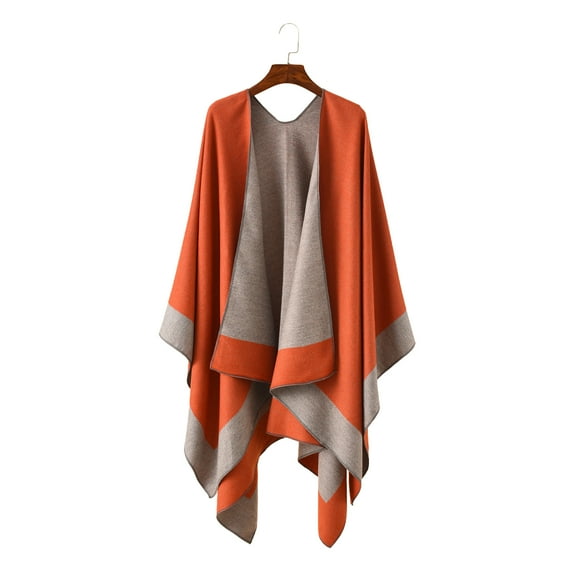 Grofry Women Warm Shawl Wrap Fall Winter Double-Sided Open Front Cape with Color Contrast Multiple Ways to Wear Poncho Sweater