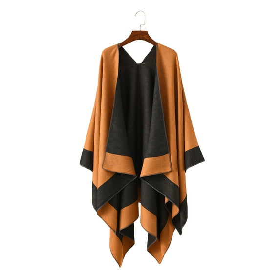 Grofry Women Warm Shawl Wrap Fall Winter Double-Sided Open Front Cape with Color Contrast Multiple Ways to Wear Poncho Sweater