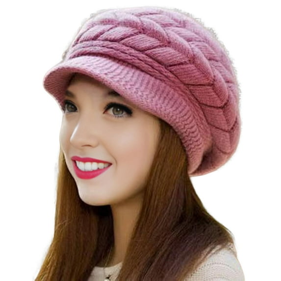 Grofry Women Winter Hat Thick Plush Knitted Short Brim Heat Retention Windproof Headgear Commuting Outdoor Beanie