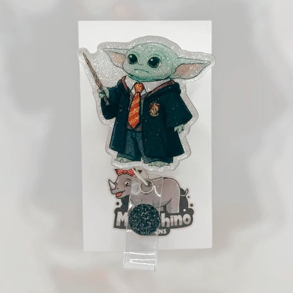 Grogu Wizard Alien Badge Reel | Magical Wizard Badge Holder | Cute Glitter ID Reel | Fantasy Office Accessory | Gift for Wizards & Fans