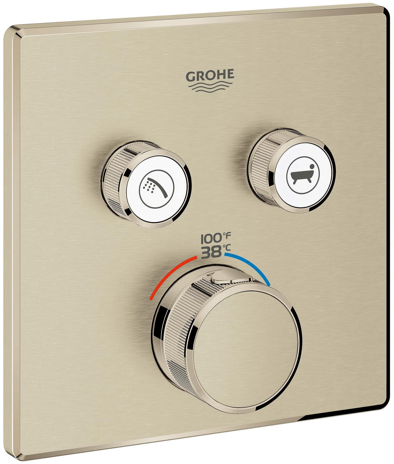 Brushed Nickel Wall-Mounted Thermostatic Valve Trim with Push-button Diverter