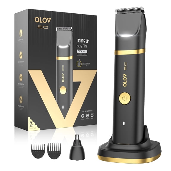 Groin & Body Hair Trimmer for Men - Electric Shaver for Pubic Hair, Chest, Legs - Ball Pubic Groomer, LED Light, Replaceable Ceramic Blade Heads, USB-C Recharge Dock, Waterproof Hygiene Razor