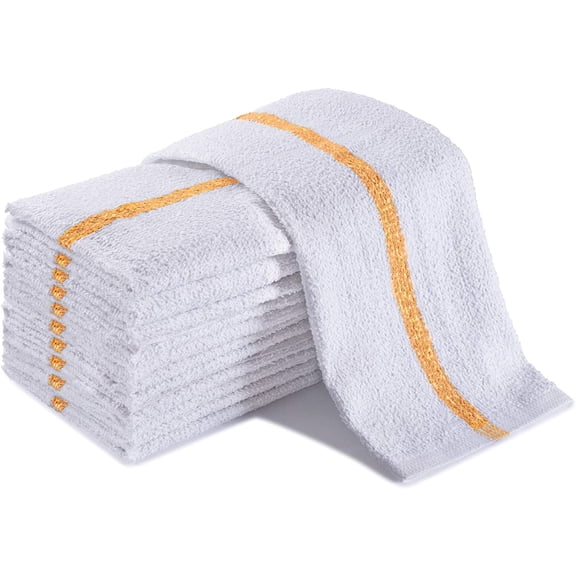 Universal Cleaning Towels, Gold Striped-White Bulk 60 Pack, 16” X 19” 100% Cotton Fully Bordered Commercial Grade Terry Weave Cloth Bar Mops for Everyday Restaurant or Home Use