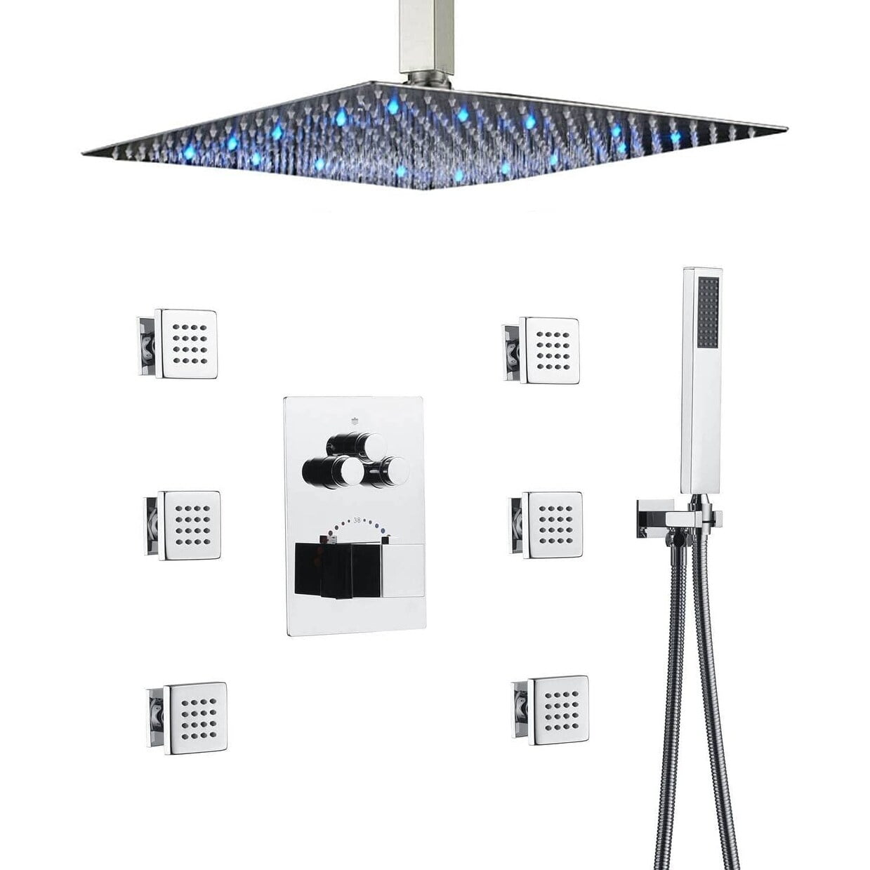 Chrome 12" LED Ceiling Mounted Rainfall Shower System with Body Jets
