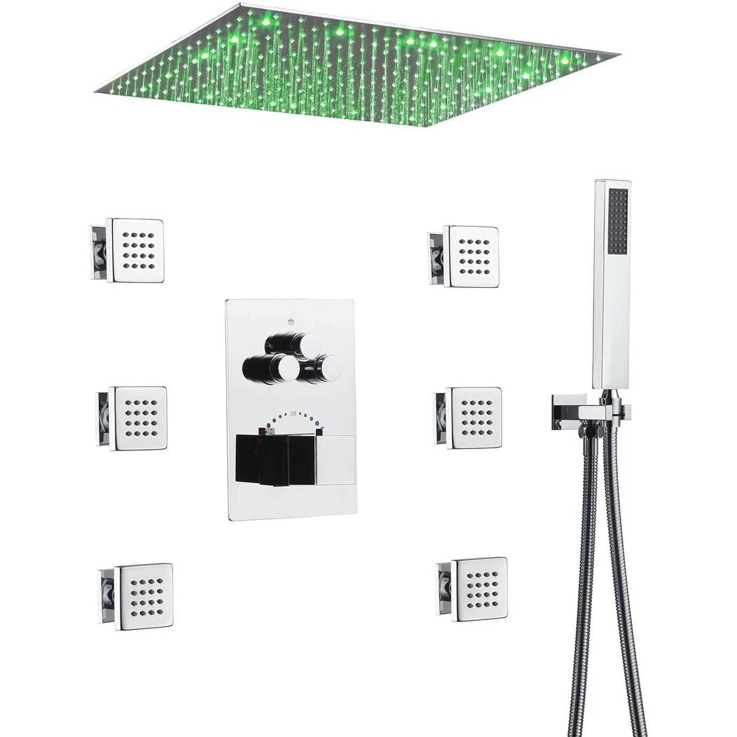 20" Chrome LED Ceiling Mounted Rainfall Shower System with 6 Body Jets