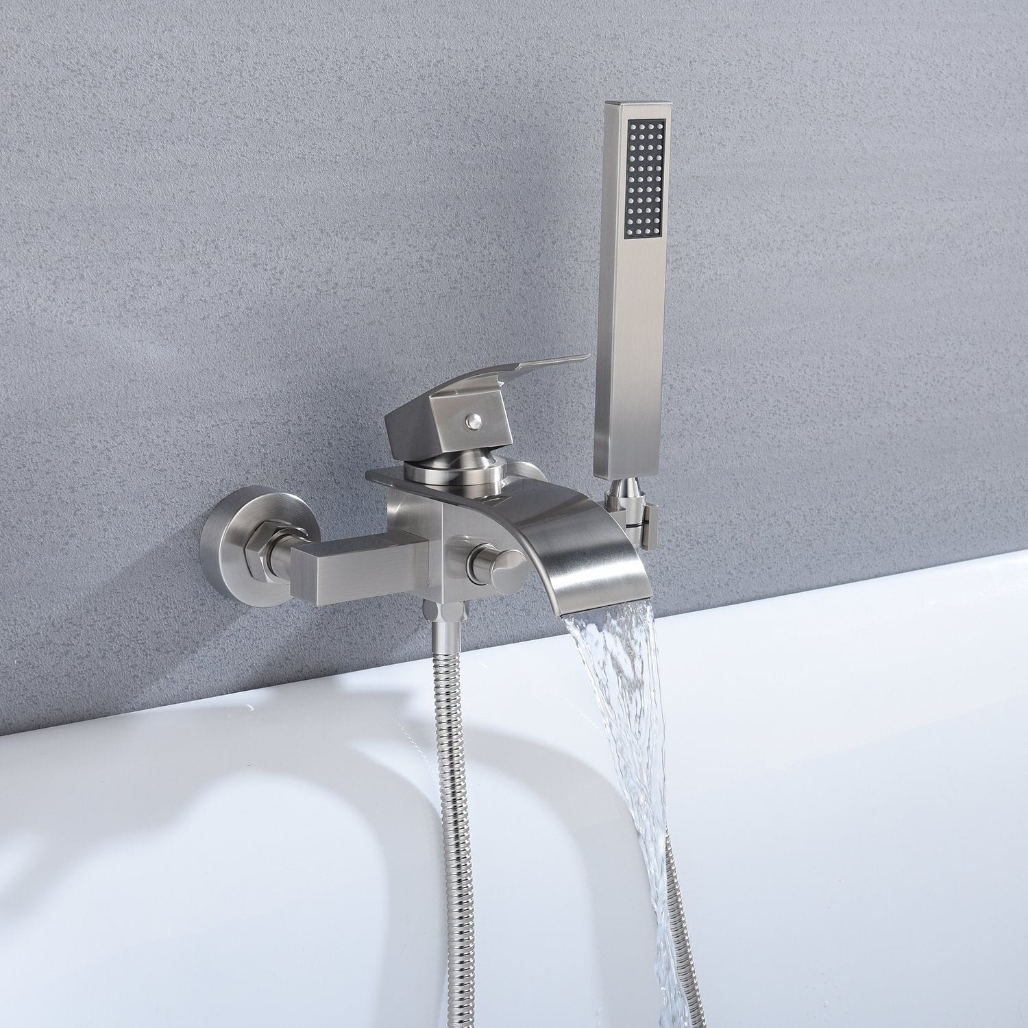 Grolta Waterfall Wall-mount Bath Tub Filler Faucet with Handheld Shower Brushed Nickel - 8' x 10'