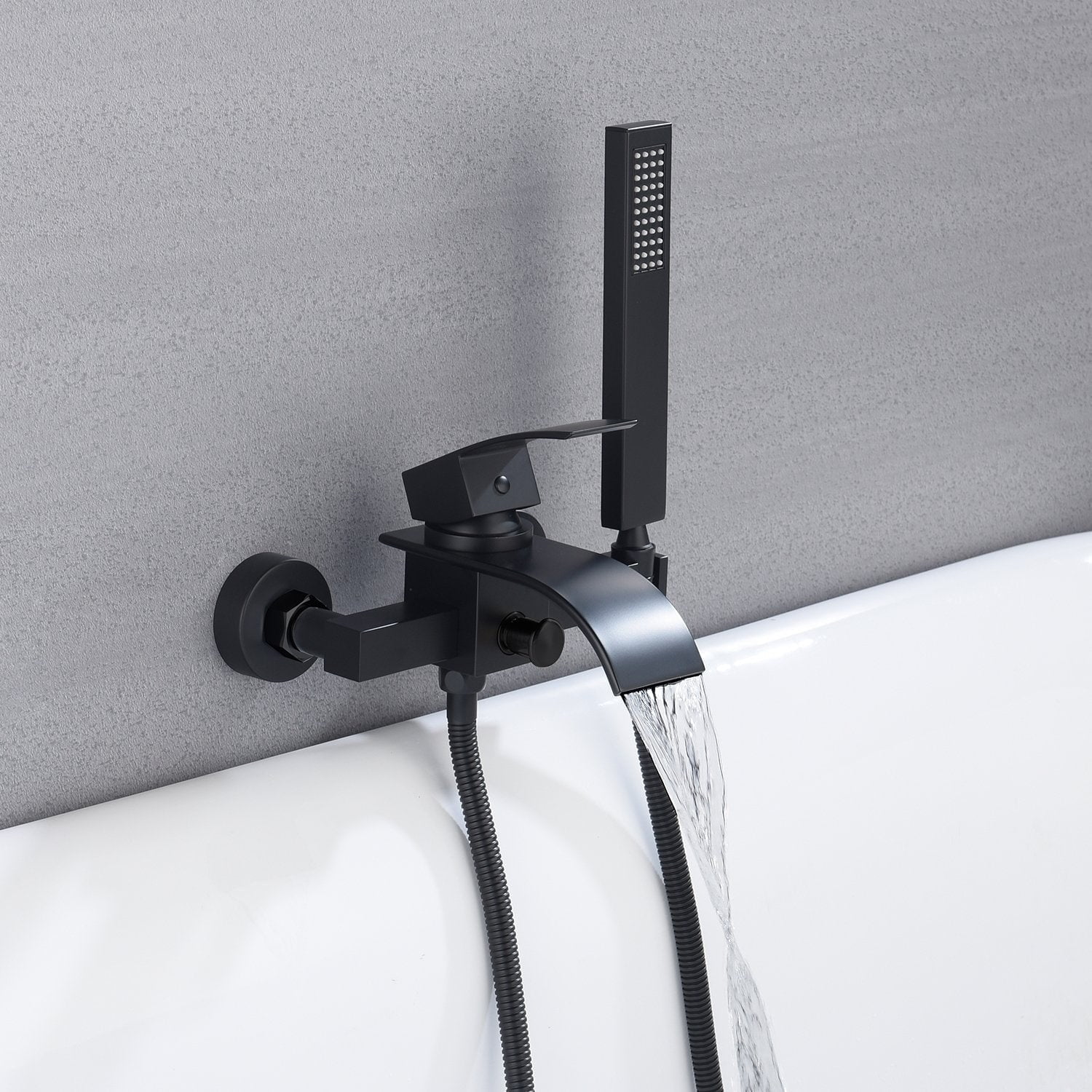 Matte Black Wall-Mount Waterfall Tub Filler Faucet with Handheld Shower
