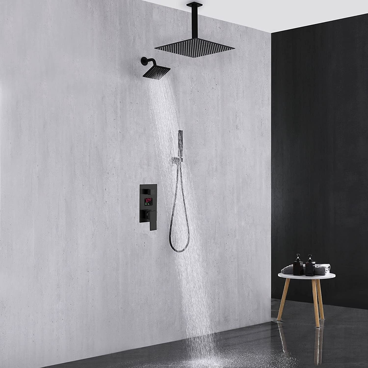 Grolta matte black ceiling mounted dual shower head 3 way digital