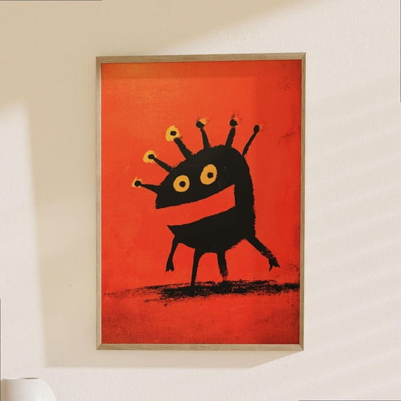 GrolyTee Joan Miro Creature Poster - Modern Surrealist Art Print, Vibrant Red Orange Black Geometric Design K355 - 8X12, UNFRAMED