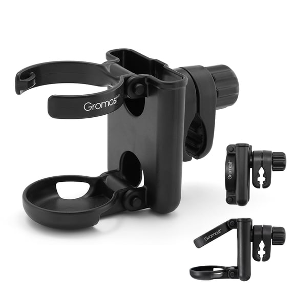 Gromast 2 in 1 Foldable Stroller Cup Holder + Phone Holder, 360°Rotatable with Adjustable Clip, Universal Cup Holder for Stroller, Wheelchair, Bike, Walker, Scooter, Tricycle - Black