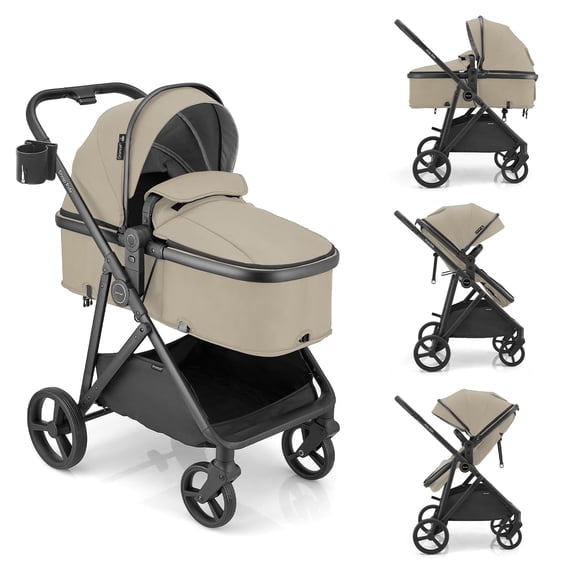 Gromast 3-in-1 Baby Stroller with Bassinet Mode, Convertible Bassinet Stroller for Newborn Infant Toddler with Reversible Seat, UPF 50+ Canopy & Cup Holder - Khaki