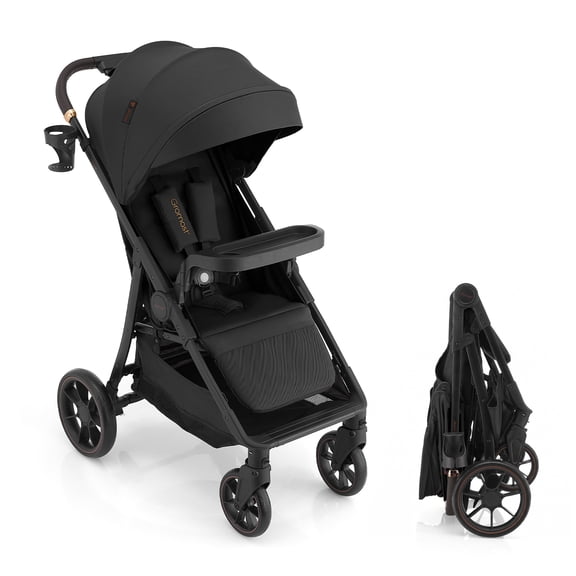 Gromast Baby Stroller with Detachable Snack Tray, Oversized Seat for Newborn to 4 Years, One-Hand Fold Travel Stroller w/ Big Wheels, Adjustable Backrest, UPF 50+ Canopy & Cup Holder - Black