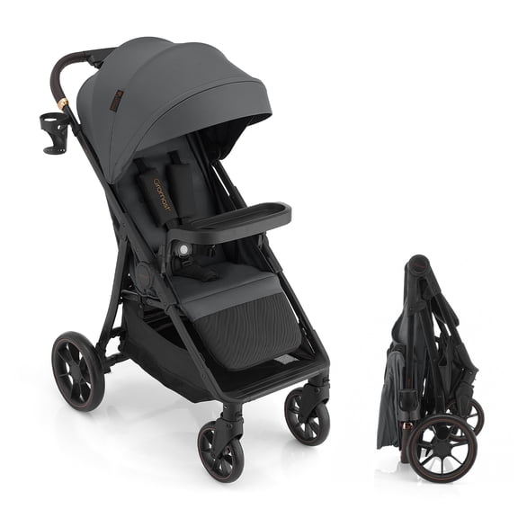 Gromast Baby Stroller with Detachable Snack Tray, Oversized Seat for Newborn to 4 Years, One-Hand Fold Travel Stroller w/ Big Wheels, Adjustable Backrest, UPF 50+ Canopy & Cup Holder - Gray