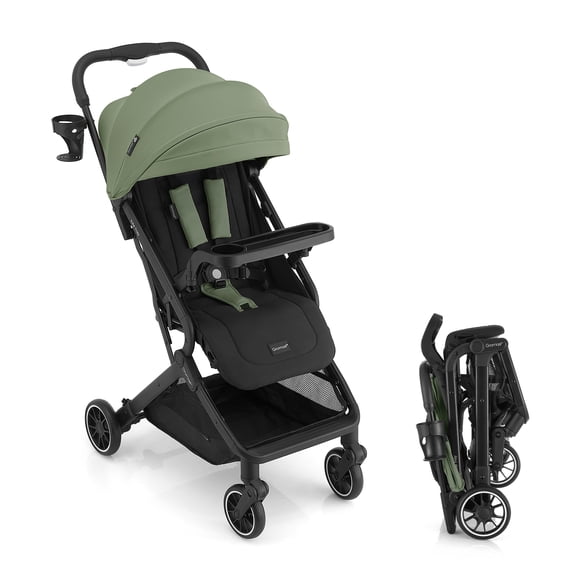 Gromast Lightweight Baby Stroller with Detachable Snack Tray, One-Hand Quick Fold, 15lbs Compact Travel Stroller with Adjustable Backrest, UV-Protective Canopy & Cup Holder - Green