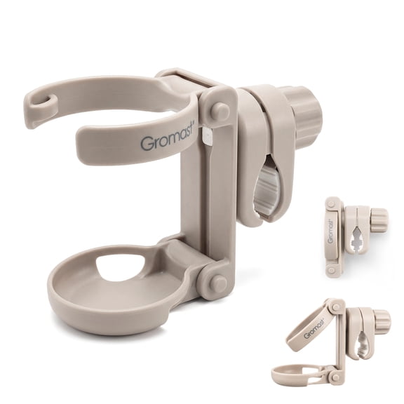 Gromast Foldable Stroller Cup Holder, 360°Rotatable with Adjustable Clip, Universal Cup Holder for Stroller, Wheelchair, Bike, Walker, Scooter, Tricycle - Khaki