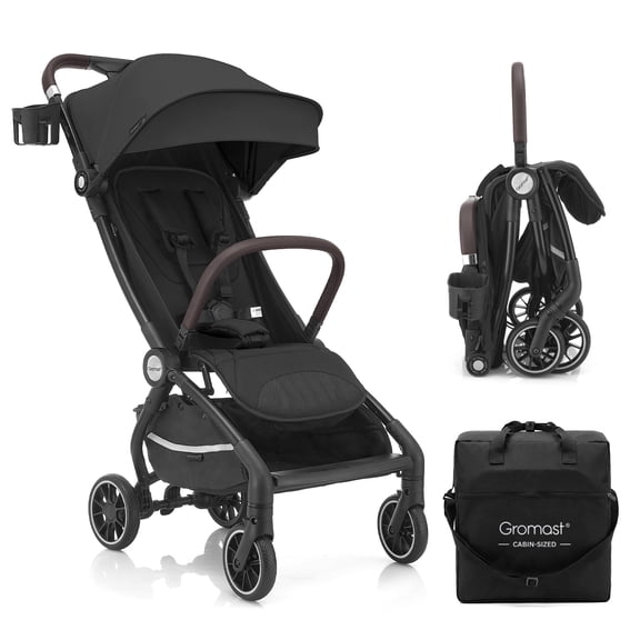 Gromast Airplane Friendly Travel Stroller for Toddlers, Lightweight & Compact Folding Baby Stroller, One-Hand Gravity Auto Fold, Gate Check Approved, UPF 50 Waterproof, Includes Travel Bag - Black