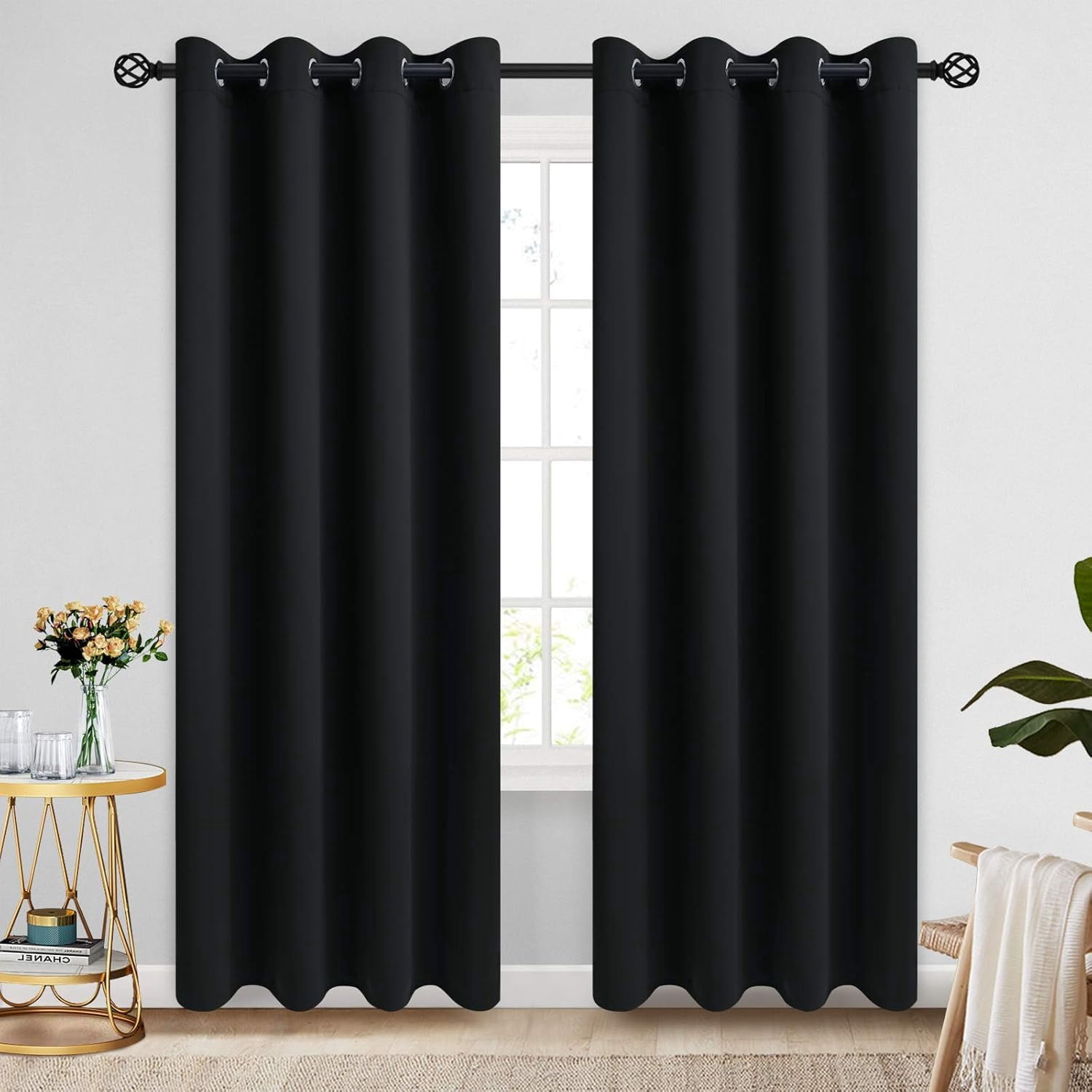 Grommet Blackout Room Darkening Black Curtains 84 inch Length 2 Panels,Thick Polyester Light Blocking Insulated Thermal Window Curtain Drapes for Bedroom/Living Room,52x84 inches
