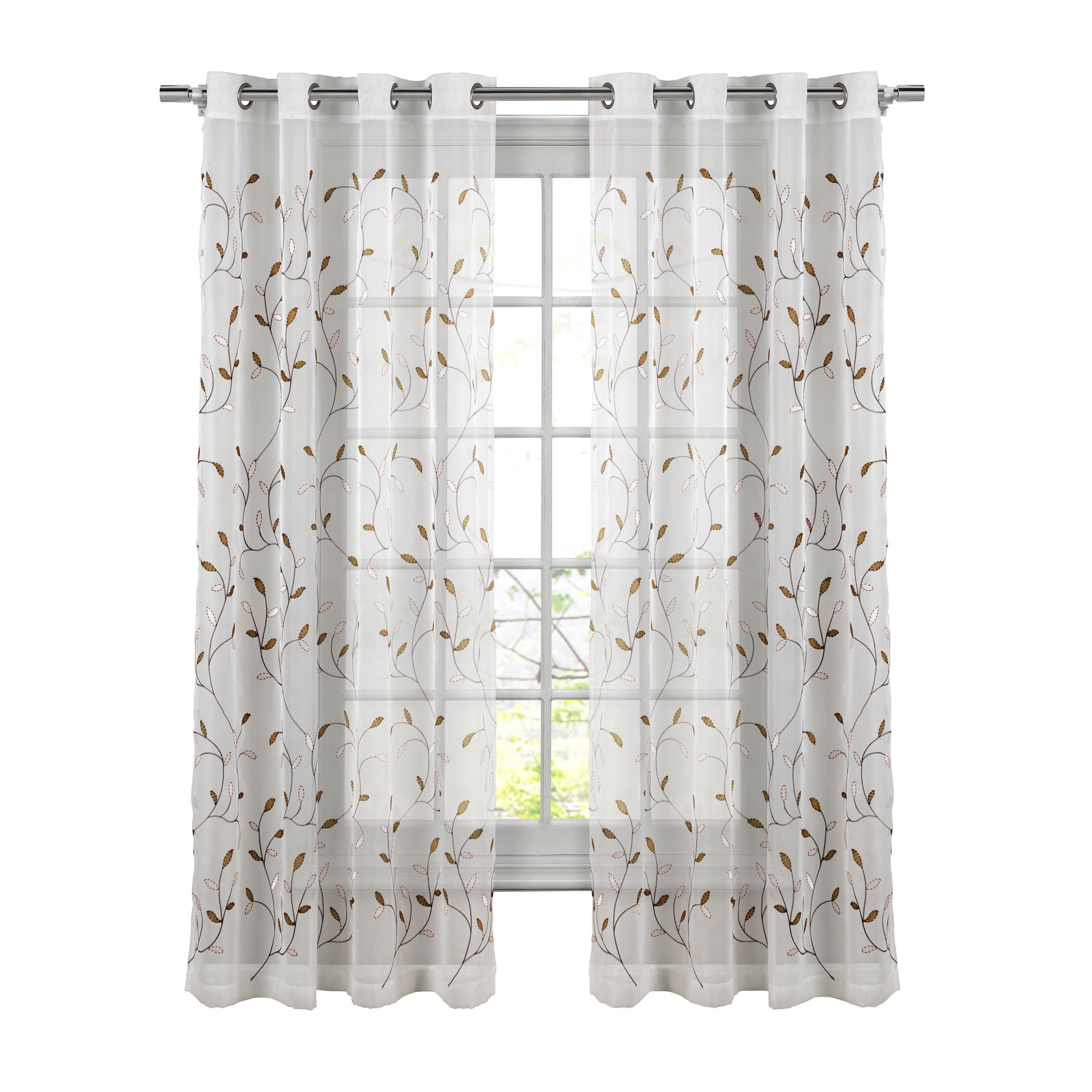 Grommet Curtain Panel, Embroidered Sheer Extra-Wide, Beige 54" x 63"