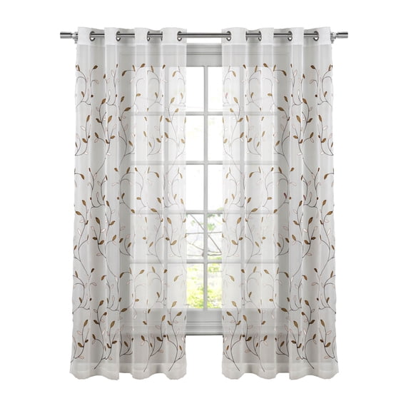Grommet Curtain Panel, Embroidered Sheer Extra-Wide, Beige 54" x 63"