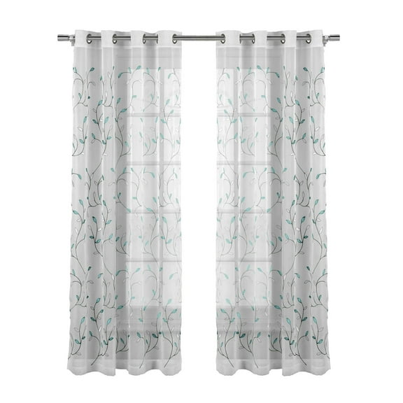 Grommet Curtain Panel, Embroidered Sheer Extra-Wide, Blue 54" x 84"