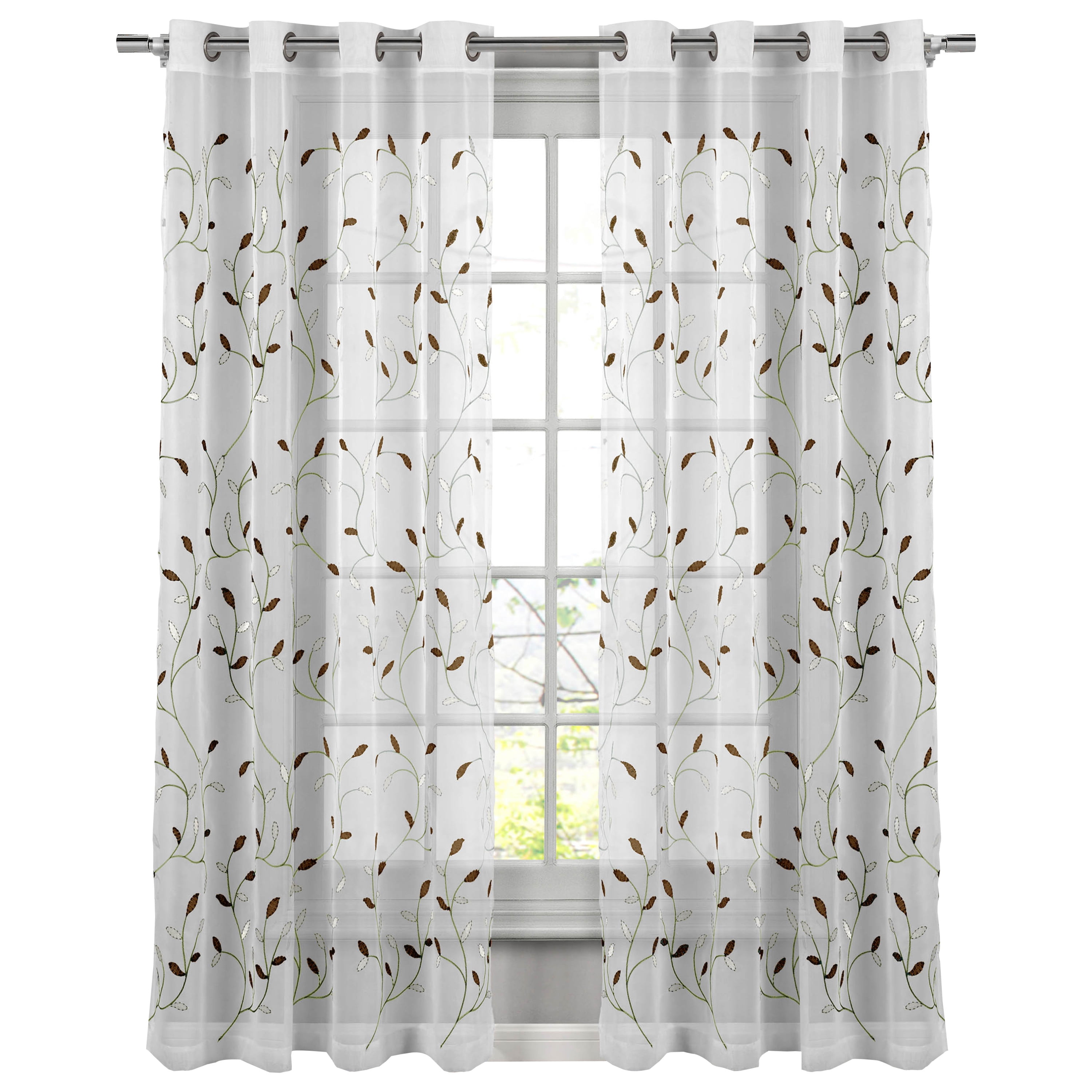 Grommet Curtain Panel, Embroidered Sheer Extra-Wide, Brown 54" x 96"