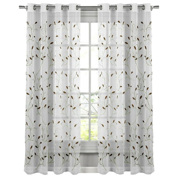 Grommet Curtain Panel, Embroidered Sheer Extra-Wide, Brown 54" x 96"