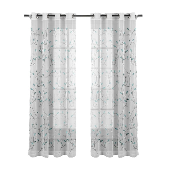 Grommet Curtain Panel, Embroidered Sheer Extra-Wide, Green 54" x 63"