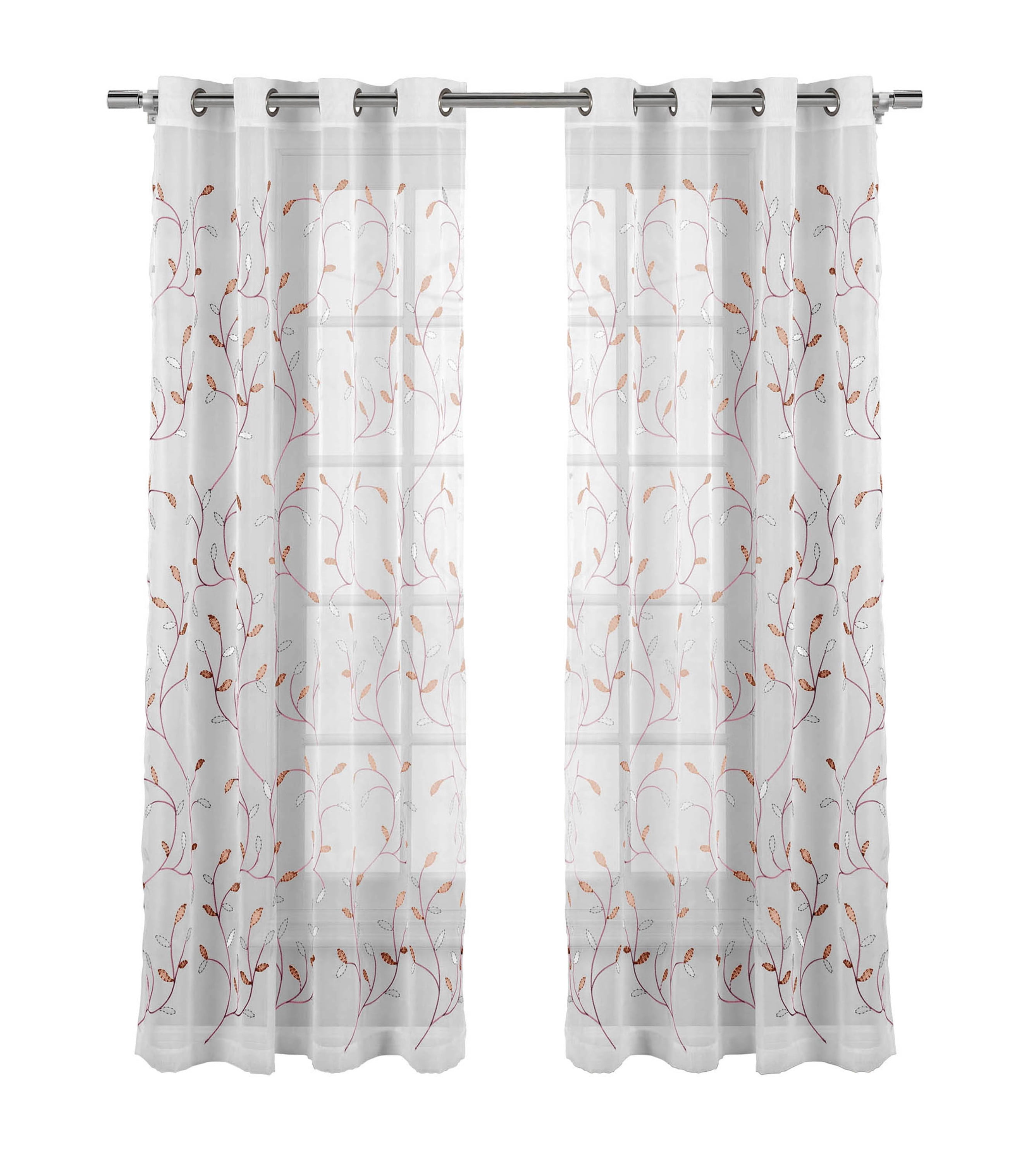 Sheer White Polyester Grommet Curtain Panel with Coral Leaves, 54" x 84"
