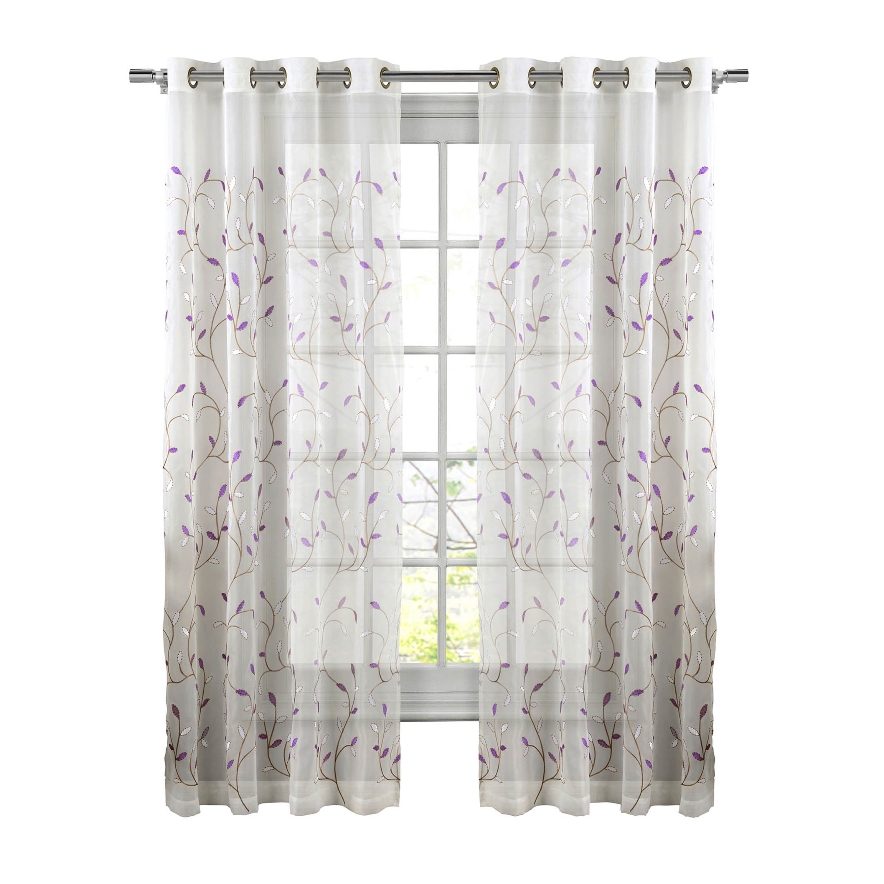 Grommet Curtain Panel, Embroidered Sheer Extra-Wide, Purple 54" x 84"