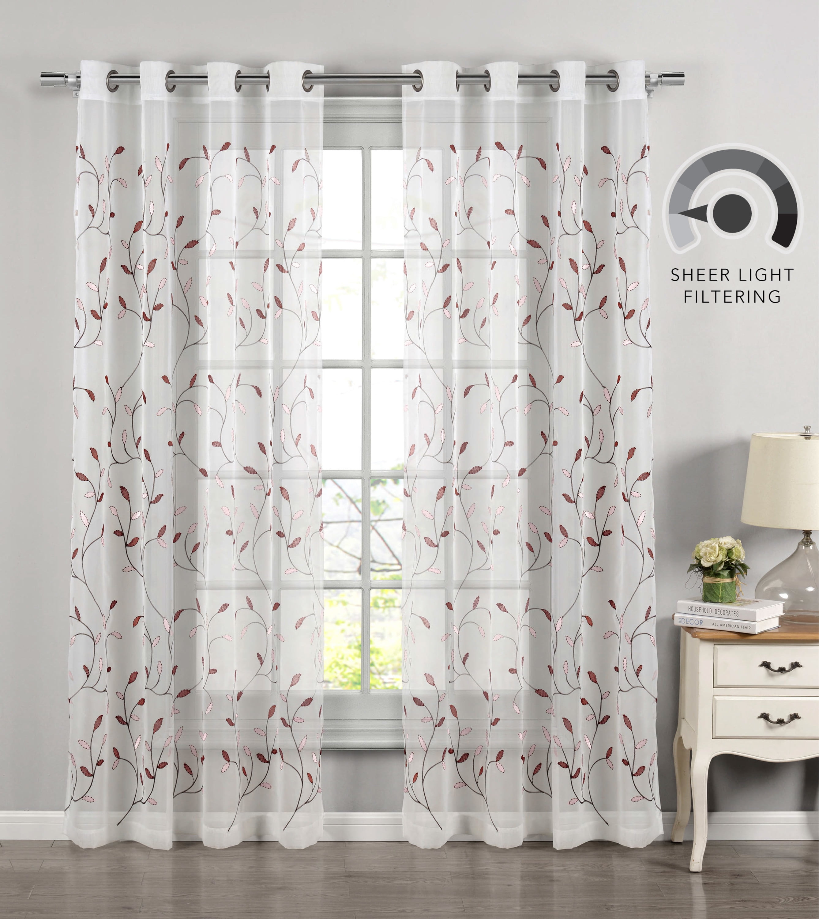Grommet Curtain Panel, Embroidered Sheer Extra-Wide, Red 54" x 63"