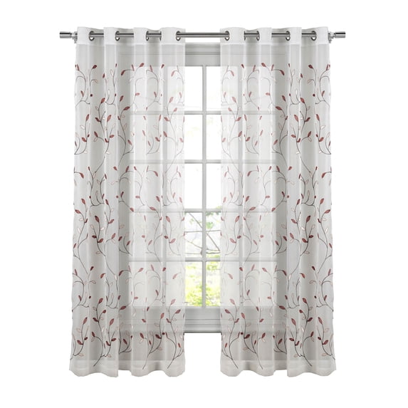 Grommet Curtain Panel, Embroidered Sheer Extra-Wide, Red 54" x 84"