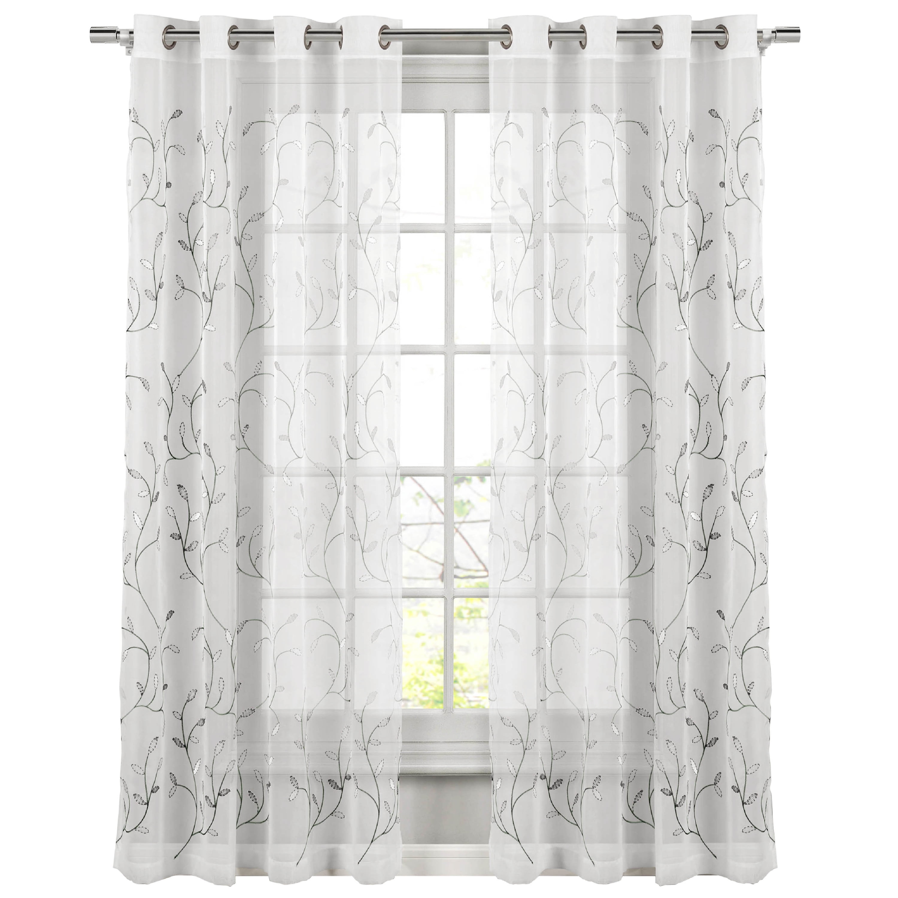 Grommet Curtain Panel, Embroidered Sheer Extra-Wide, Silver 54