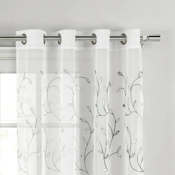 Grommet Curtain Panel, Embroidered Sheer Extra-Wide, Silver 54" x 96"