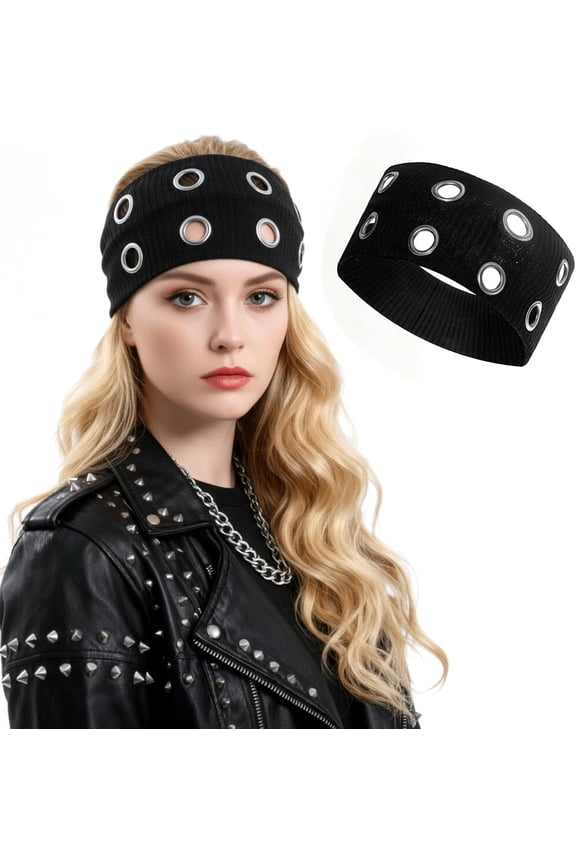 Grommet Headband Hollow Out Eyelets Elastic Headband, Y2K Headbands with Holes Goth Punk Grunge Fashion Wide Studded Headbands Black Eyelets Casual Hair Accessory for Girls Women
